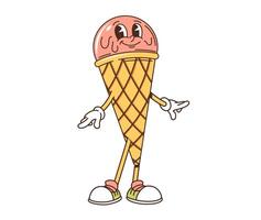 Groovy retro cartoon ice cream dessert character vector
