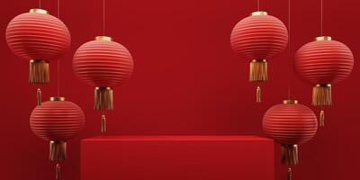 3d render of a festive Chinese New Year celebration, with a luxurious red and gold podium display with lanterns, paper fans. Background for advertising, promotional poster or flyer. photo