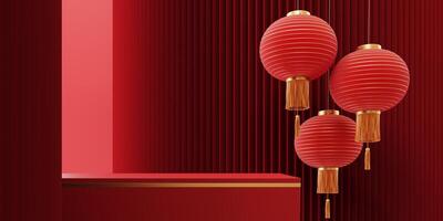 3d render of a festive Chinese New Year celebration, with a luxurious red and gold podium display with lanterns, paper fans. Background for advertising, promotional poster or flyer. photo