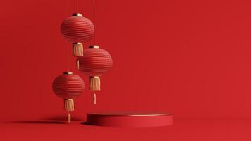 3d render of a festive Chinese New Year celebration, with a luxurious red and gold podium display with lanterns, paper fans. Background for advertising, promotional poster or flyer. photo