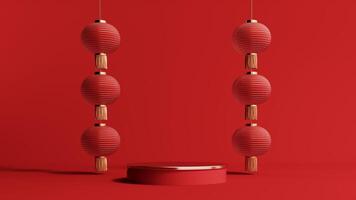 3d render of a festive Chinese New Year celebration, with a luxurious red and gold podium display with lanterns, paper fans. Background for advertising, promotional poster or flyer. photo