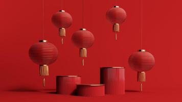 3d render of a festive Chinese New Year celebration, with a luxurious red and gold podium display with lanterns, paper fans. Background for advertising, promotional poster or flyer. photo