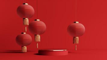 3d render of a festive Chinese New Year celebration, with a luxurious red and gold podium display with lanterns, paper fans. Background for advertising, promotional poster or flyer. photo