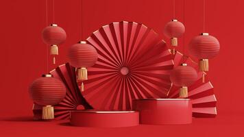 3d render of a festive Chinese New Year celebration, with a luxurious red and gold podium display with lanterns, paper fans. Background for advertising, promotional poster or flyer. photo