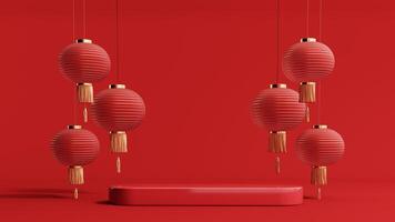 3d render of a festive Chinese New Year celebration, with a luxurious red and gold podium display with lanterns, paper fans. Background for advertising, promotional poster or flyer. photo