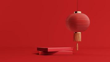 3d render of a festive Chinese New Year celebration, with a luxurious red and gold podium display with lanterns, paper fans. Background for advertising, promotional poster or flyer. photo