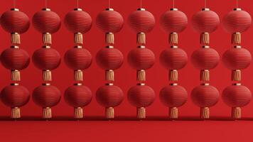 3d render of a festive Chinese New Year celebration, with a luxurious red and gold podium display with lanterns, paper fans. Background for advertising, promotional poster or flyer. photo