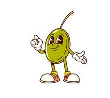 Groovy olive vegetable character in retro cartoon vector