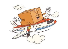 Groovy delivery cardboard character on airplane vector