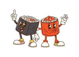 Cartoon groovy Japanese sushi rolls characters vector