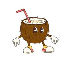 Cartoon groovy coconut juice funny character vector