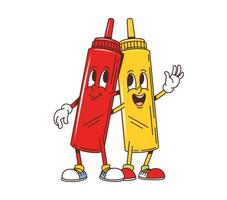 Groovy fast food mustard and ketchup characters vector