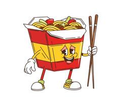 Cartoon retro groovy wok noodles character vector
