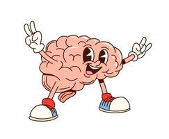 Groovy human brain cartoon retro funny character vector
