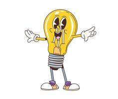 Cartoon retro groovy light bulb hippie character vector