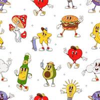 Groovy characters, retro cartoon seamless pattern vector
