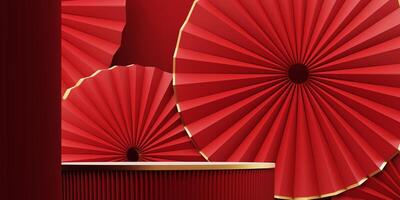 3d render of a festive Chinese New Year celebration, with a luxurious red and gold podium display with lanterns, paper fans. Background for advertising, promotional poster or flyer. photo