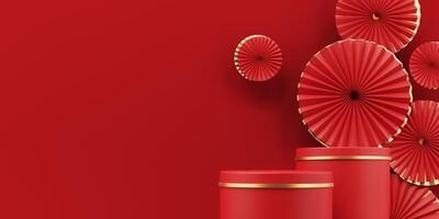3d render of a festive Chinese New Year celebration, with a luxurious red and gold podium display with lanterns, paper fans. Background for advertising, promotional poster or flyer. photo
