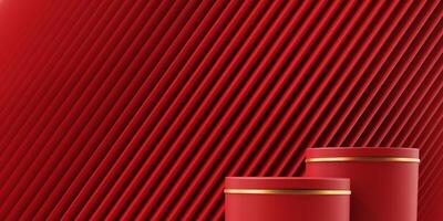 3d render of a festive Chinese New Year celebration, with a luxurious red and gold podium display with lanterns, paper fans. Background for advertising, promotional poster or flyer. photo