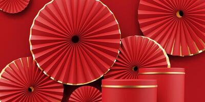 3d render of a festive Chinese New Year celebration, with a luxurious red and gold podium display with lanterns, paper fans. Background for advertising, promotional poster or flyer. photo