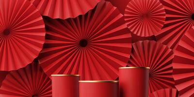 3d render of a festive Chinese New Year celebration, with a luxurious red and gold podium display with lanterns, paper fans. Background for advertising, promotional poster or flyer. photo
