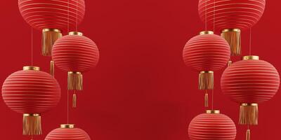 3D render of a modern, geometric background for Chinese New Year celebration with oriental elements, lanterns, paper fans. Suitable for festive advertisements or special offer promotions. photo