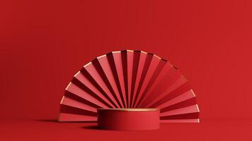 3d render of a festive Chinese New Year celebration, with a luxurious red and gold podium display with lanterns, paper fans. Background for advertising, promotional poster or flyer. photo