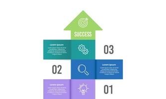 Infographic arrow pointing up contains 3 steps to success. Presentation, Plan and Strategy. vector