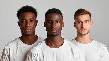 Multicultural men with small beards and smooth skin portrait image. Youth team wearing casual t shirts photography studio shot. Male beauty performance concept photo realistic