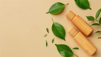 Handmade eco friendly bottle and fresh leaves flat lay background image. Flasks of natural material photo backdrop wallpaper realistic. Reusable containers concept photorealistic
