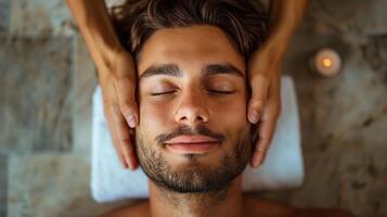 Positive caucasian man relaxing during head massage portrait image. Male undergoing spa procedures picture photorealistic photography. Body treatment concept photo realistic