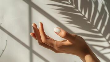 Woman hand against shadow patterns on wall closeup image. Elegant lady arm with white manicure gesturing close up photography. Beauty and skincare routine concept photo realistic
