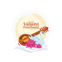 Happy Vasant Panchami Greeting Card and Post. Maa Saraswati Pooja with Text and Sitar Background Design Illustration vector