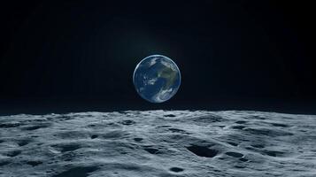 Lifeless moon surface against distant earth globe image. Planet with atmosphere in dark void view from moon photography scene wallpaper. Space bodies concept photorealistic photo