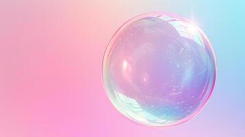 Floating translucent bubble with sparkling light reflections 3d rendering image. Soft pink blue gradient sphere background wallpaper colorful realistic. Glossy whimsical concept idea photo