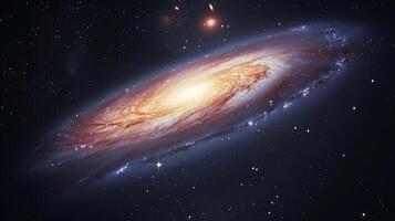 Brightly glowing galaxy in dark void image. Luminous spiral with glowing core in outer space photography scene wallpaper. Fantastic landscape in cosmos concept photorealistic photo