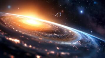 Luminous core of concentric galaxy image. Celestial bodies cluster with gloving center photography scene wallpaper. Observing stunning space objects concept photorealistic photo