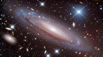 Round galaxy with sparkling stars in dark space image. Stunning cosmic formation with glowing core photography scene wallpaper. Mysterious space concept photorealistic photo