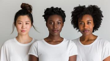 Confident multicultural women looking at camera portrait image. Positive females showing support photography studio shot. Diverse sisterhood representation concept photo realistic