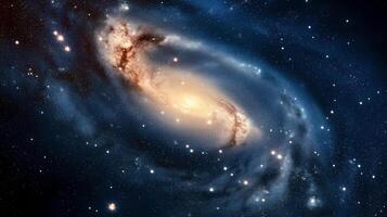 Rotating spiral galaxy with shiny arms image. Glowing spiraling formation in starry space photography scene wallpaper. Wonder of deep unexplored space concept photorealistic photo