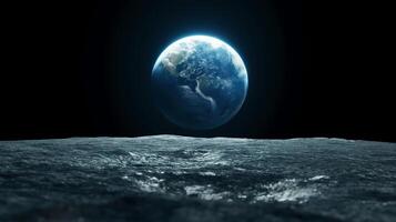 Planet earth in dark space view from satellite image. Celestial body with atmosphere observing from asteroid photography scene wallpaper. Cosmos exploration concept photorealistic photo