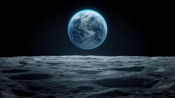 Desert moon surface against distant earth globe image. Planet with atmosphere view from asteroid photography scene wallpaper. Universe discovery concept photorealistic photo
