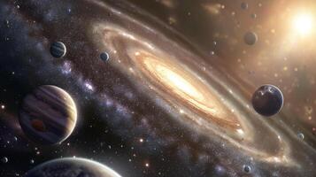 Flaring spiral galaxy and spheres in space image. Celestial bodies cluster in dark expanse photography scene wallpaper. Deep cosmos exploration concept photorealistic photo