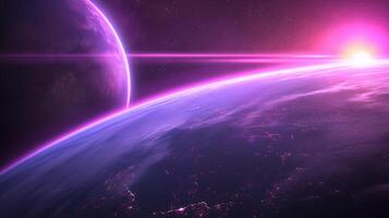 Mysterious cosmic bodies at pink sunrise image. Planet horizon illuminated by neon light photography scene wallpaper. Abstract space landscape concept photorealistic photo