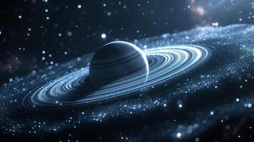 Undiscovered planer with thin rings image. Lone celestial body and sparkling stars photography scene wallpaper. Astrophysics science researching concept photorealistic photo