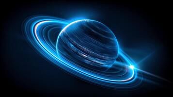 Flaring ring planet with neon lights 3d rendering image. Saturn like gas giant in dark expanse background wallpaper colorful realistic. Outer space exploration concept idea photo