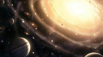 Brightly glowing galaxy and planets in darkness image. Amazing luminous star dust cluster in space photography scene wallpaper. Cosmos depth objects concept photorealistic photo