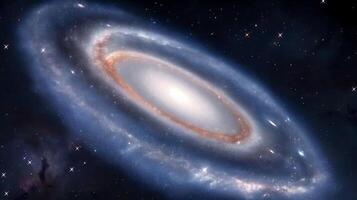 Shiny spiral galaxy with bright core in dark void image. Abstract cosmic formation with star dust photography scene wallpaper. Mystery of deep space concept photorealistic photo