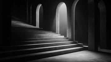 Dark staircase with light streaming through archway image. Monochrome mysterious ambiance photography scene wallpaper. Surreal perspective. Optical illusion concept photorealistic photo