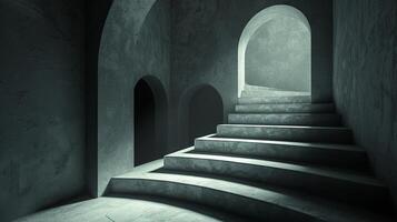 Minimalist staircase and arches in soft light image. Monochrome stone architecture photography scene wallpaper. Surreal perspective. Optical illusion concept photorealistic photo